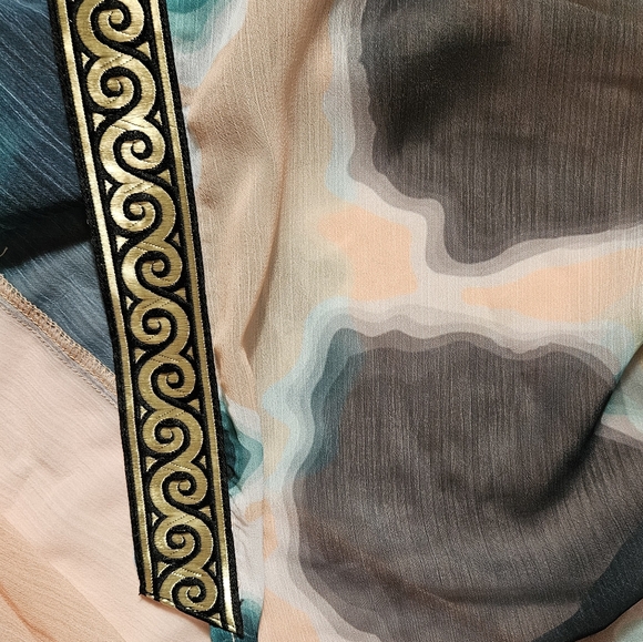 Suki So Goddess Tan Teal Tie Dye Kimono Robe OS Metallic Greek Key Coverup READ - Picture 12 of 15